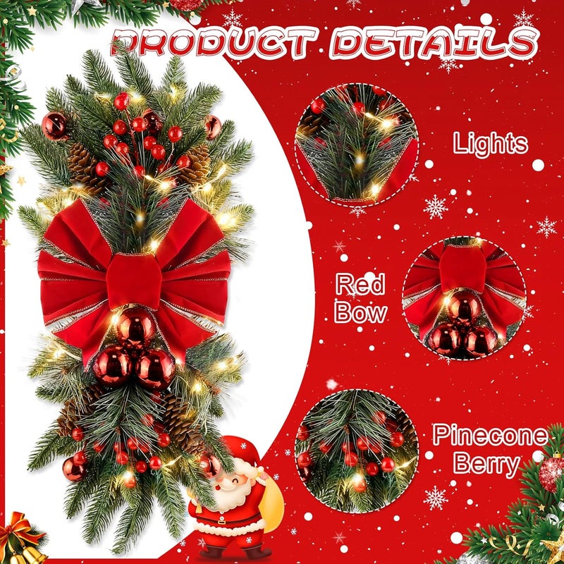 Julako Christmas Teardrop Swag for Decorating, 24" Prelit Cordless Stair Decorations with Lights, 1 Pcs Artificial Christmas Garland Wreath for Staircase Front Door Home Window Decor (Red & Green) - Image 5